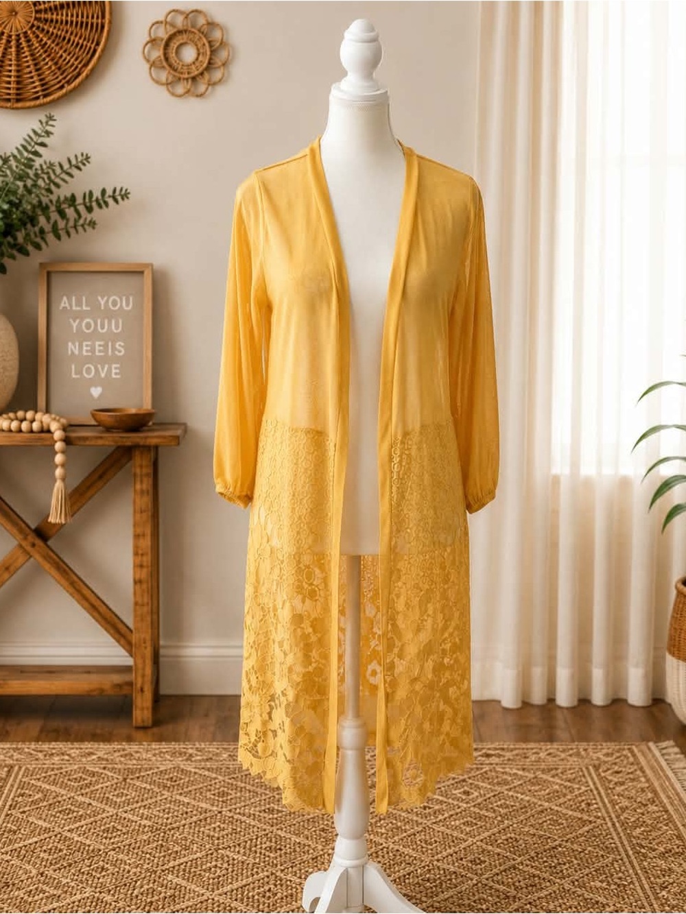 Longline Yellow Lace-Trim Open-Front Duster Jacket